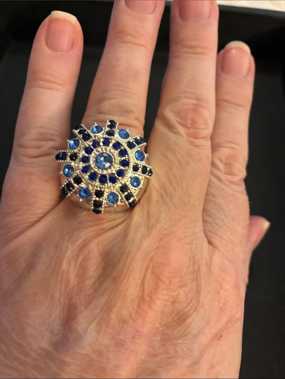 Silver Tone Bold Blue Crystal Statement Stretch Ring - Picture 6 of 11